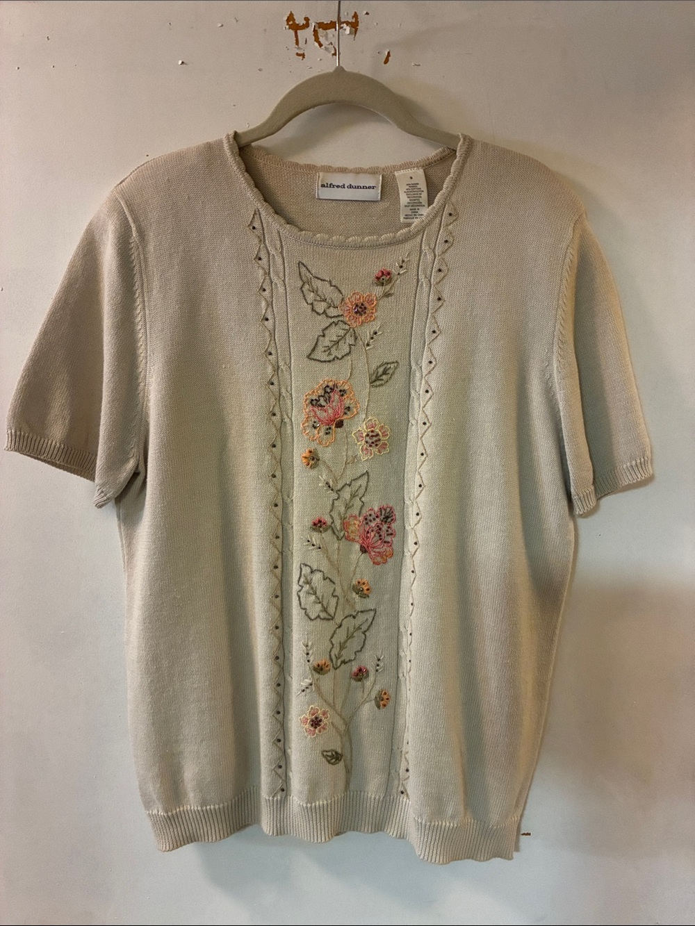 Alfred Dunner Cream Short Sleeve Knit Sweater with Floral Embroidery